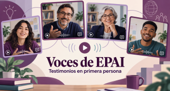 Ilustración de cuatro integrantes diversos de la comunidad universitaria que comparten sus testimonios en vídeo, bajo el título Voces de EPAI.