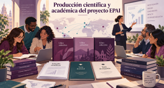 Ilustración de un equipo internacional de investigación reunido en torno a tres libros colectivos, artículos científicos, una tesis doctoral y una tesis de maestría, con un mapa que representa la cooperación entre Europa y América Latina.