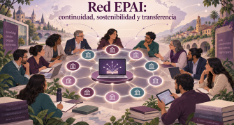 Representantes de distintas universidades colaboran alrededor de una plataforma digital central, unidos mediante una red circular de instituciones que simboliza la continuidad, la cooperación y la transferencia de EPAI entre Europa y América Latina.