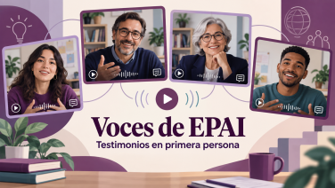 Ilustración de cuatro integrantes diversos de la comunidad universitaria que comparten sus testimonios en vídeo, bajo el título Voces de EPAI