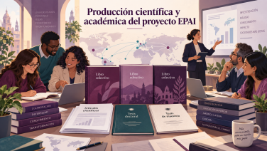 Ilustración de un equipo internacional de investigación reunido en torno a tres libros colectivos, artículos científicos, una tesis doctoral y una tesis de maestría, con un mapa que representa la cooperación entre Europa y América Latina