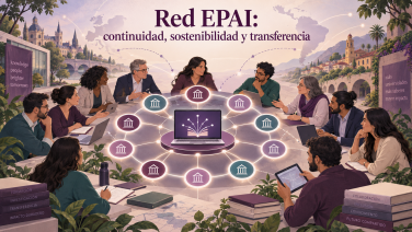 Representantes de distintas universidades colaboran alrededor de una plataforma digital central, unidos mediante una red circular de instituciones que simboliza la continuidad, la cooperación y la transferencia de EPAI entre Europa y América Latina