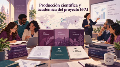 Ilustración de un equipo internacional de investigación reunido en torno a tres libros colectivos, artículos científicos, una tesis doctoral y una tesis de maestría, con un mapa que representa la cooperación entre Europa y América Latina.