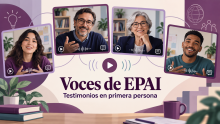 Ilustración de cuatro integrantes diversos de la comunidad universitaria que comparten sus testimonios en vídeo, bajo el título Voces de EPAI.