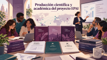 Ilustración de un equipo internacional de investigación reunido en torno a tres libros colectivos, artículos científicos, una tesis doctoral y una tesis de maestría, con un mapa que representa la cooperación entre Europa y América Latina.